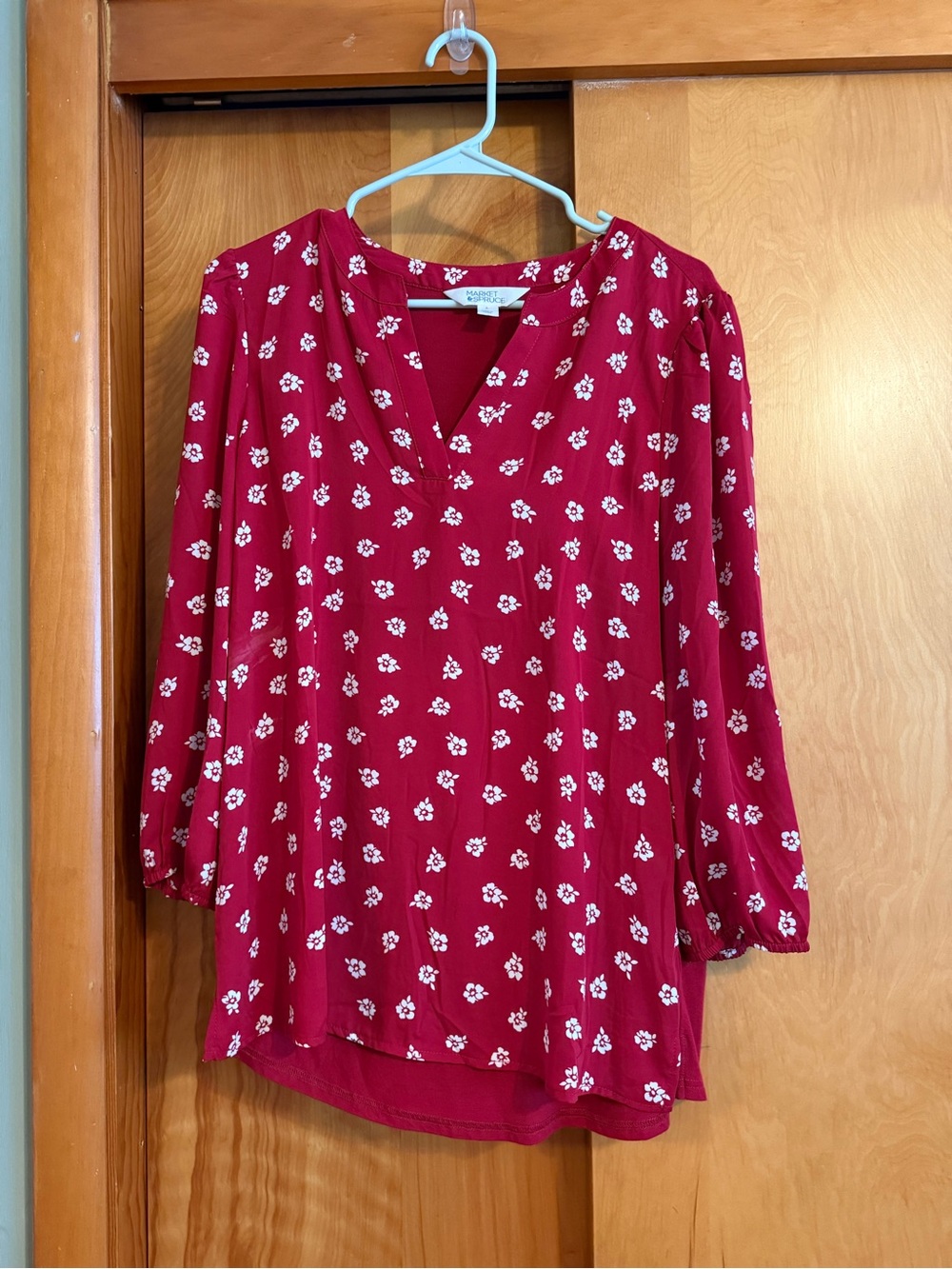 Market & Spruce Red Floral Split-Neck Blouse